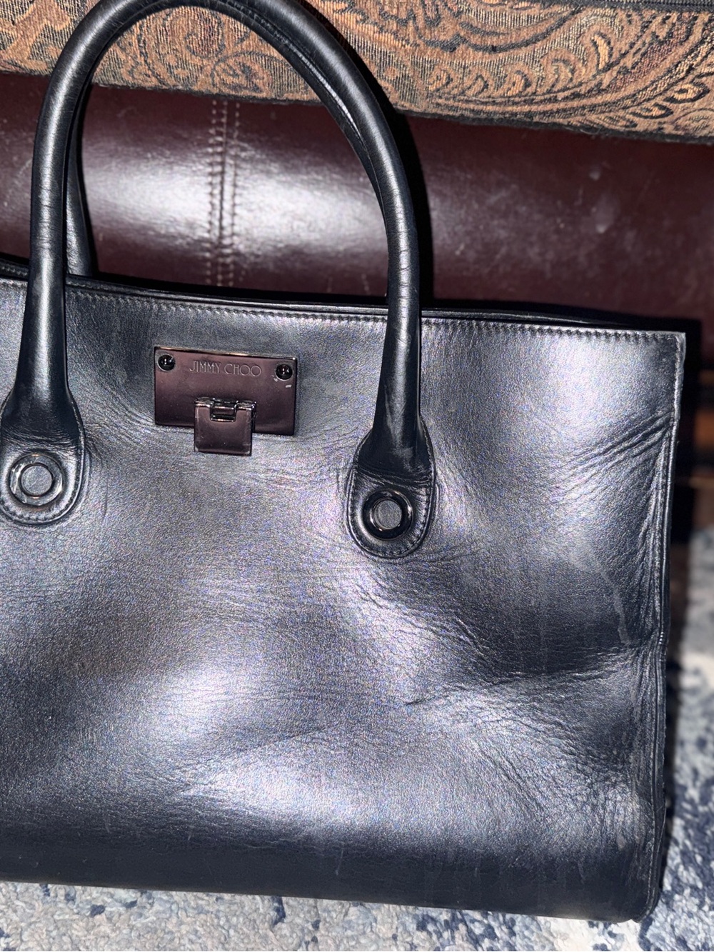 Jimmy Choo Black Leather Satchel with Metal Nameplate